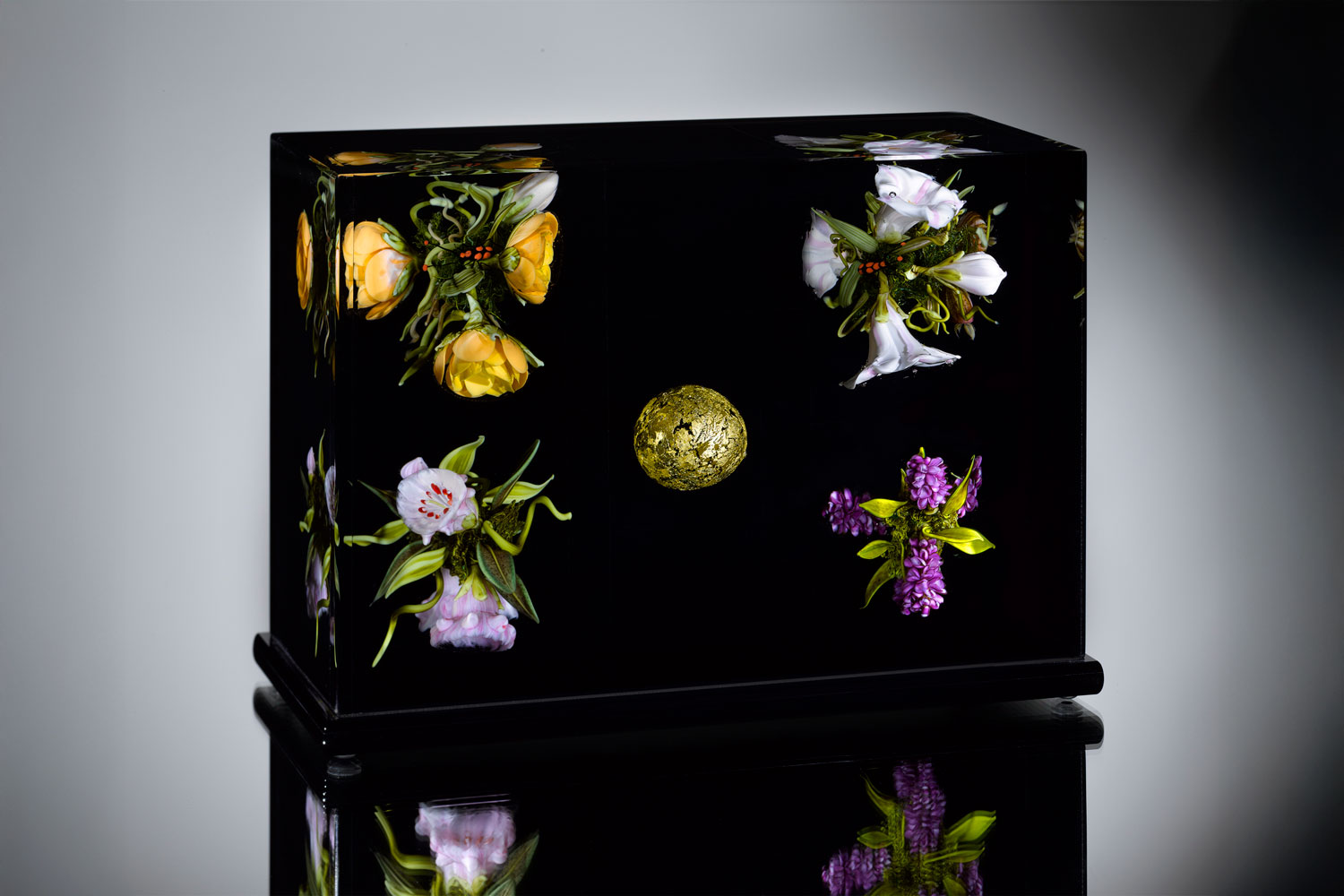 Paul Stankard Golden orb floral triptych