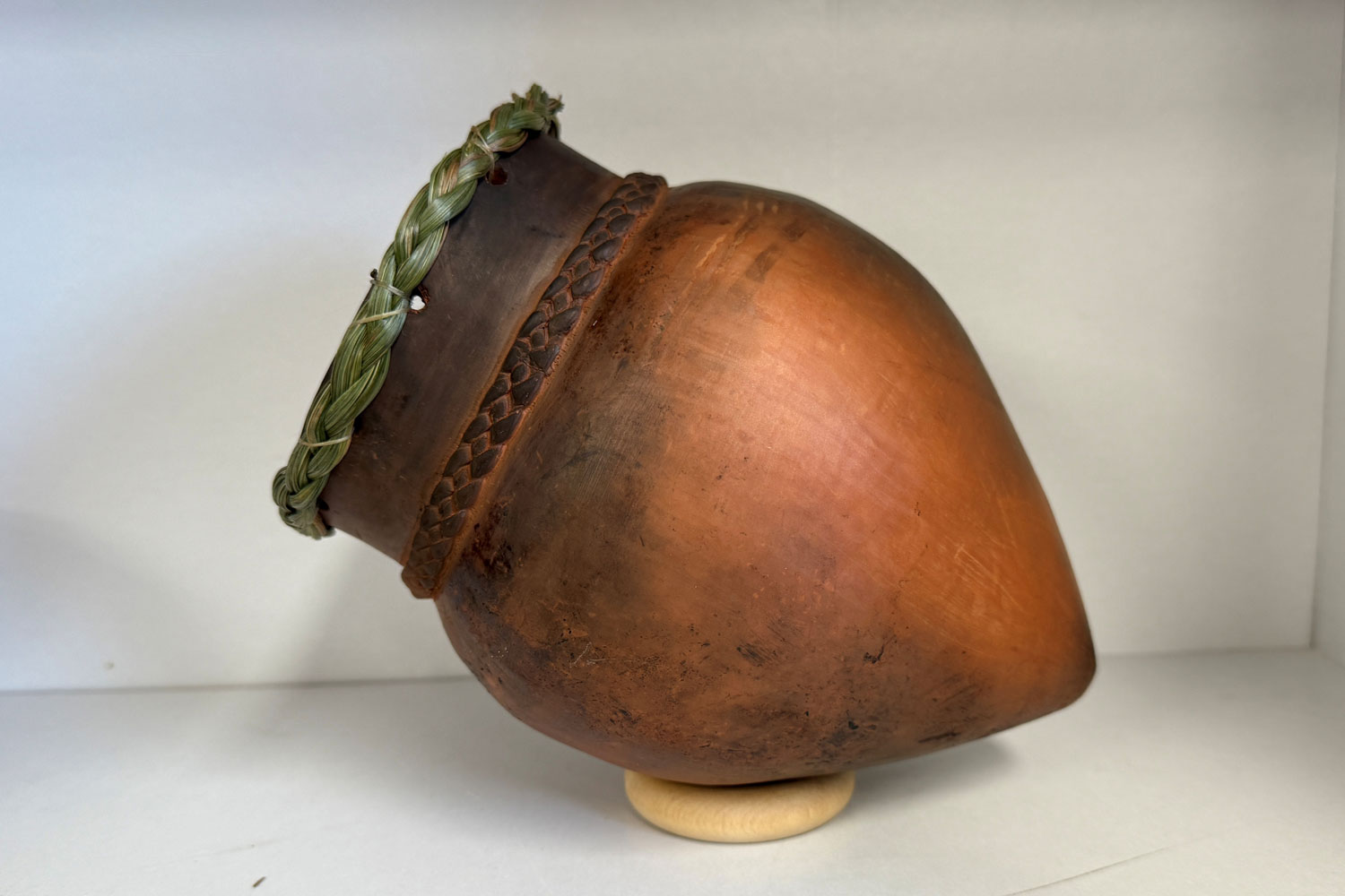 Nancy Oakley Mi’kmaq conical pot with sweetgrass