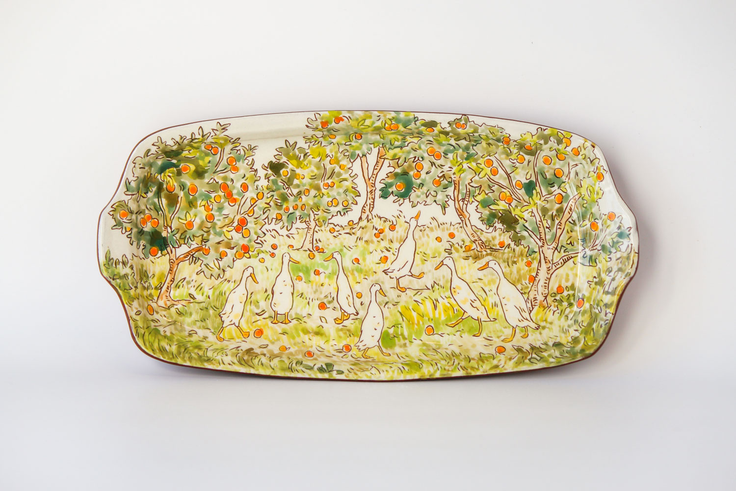 Celia Feldberg Ducks in an orange grove platter