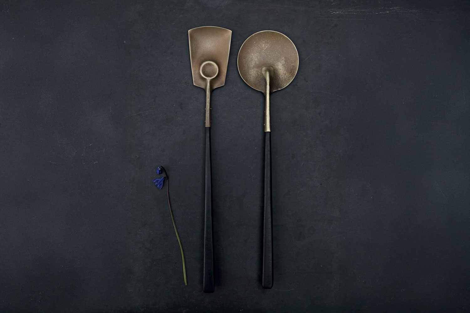 Erica Moody Pressed brass salad servers, ring and moon