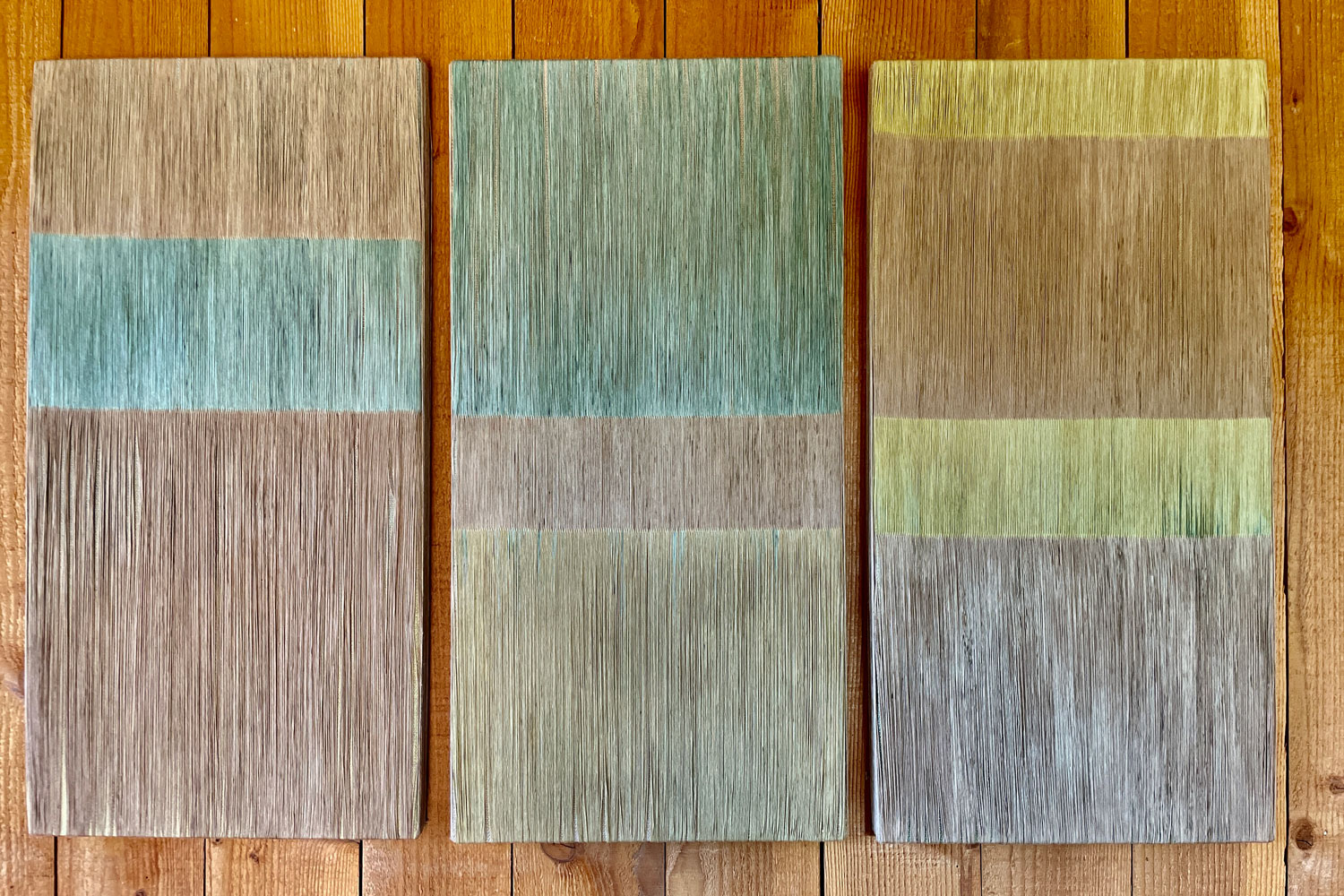 Jessica Bovert Triptych in blue, yellow and brown